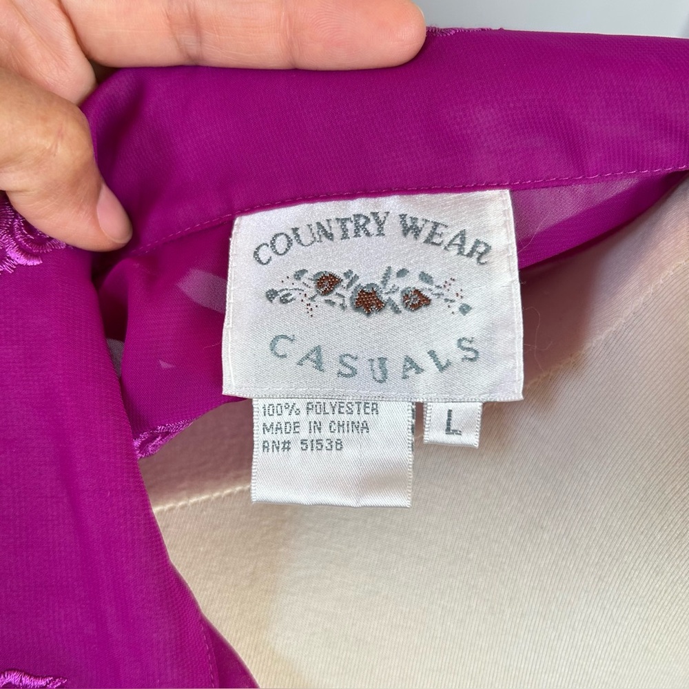 VTG Country Wear Casuals LG Pink Sheer Top Floral Embroidered Y2K Spring Roses - Picture 6 of 8